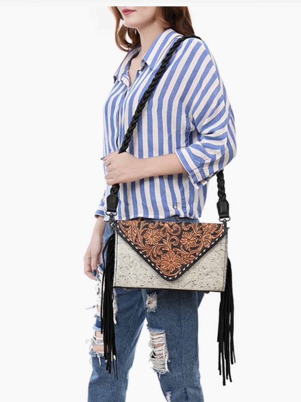 American Darling Western Hand-Tooled Floral Envelop Bag with Hair-On Cowhide